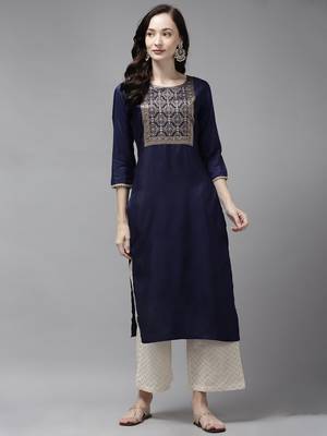 Indo Era Navy Blue Solid Straight Kurta 1