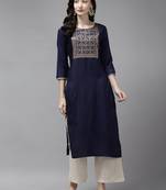 Indo Era Navy Blue Solid Straight Kurta
