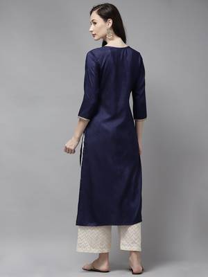 Indo Era Navy Blue Solid Straight Kurta 2