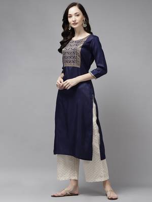 Indo Era Navy Blue Solid Straight Kurta 3