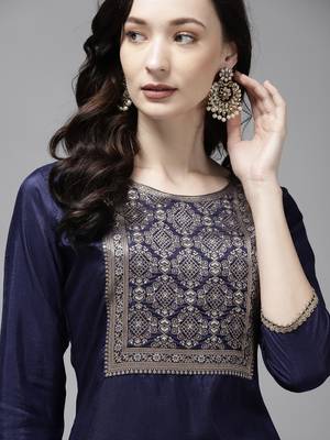 Indo Era Navy Blue Solid Straight Kurta 4