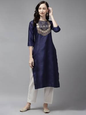 Indo Era Navy Blue Solid Straight Kurta 1