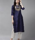 Indo Era Navy Blue Solid Straight Kurta