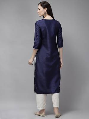 Indo Era Navy Blue Solid Straight Kurta 2