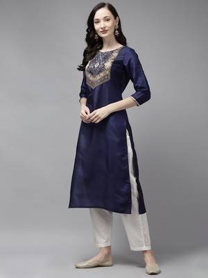 Indo Era Navy Blue Solid Straight Kurta 3