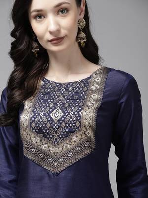 Indo Era Navy Blue Solid Straight Kurta 4