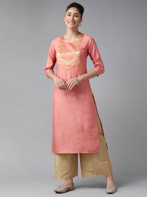 Indo Era Peach Solid Straight Kurta 1