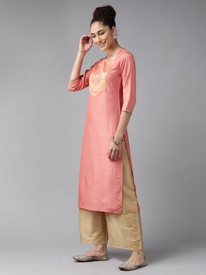 Indo Era Peach Solid Straight Kurta 3