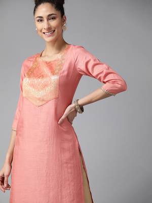 Indo Era Peach Solid Straight Kurta 4
