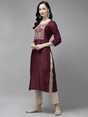 Indo Era Wine Solid Straight Kurta 3