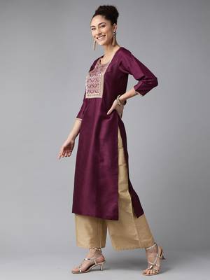 Indo Era Wine Solid Straight Kurta 3
