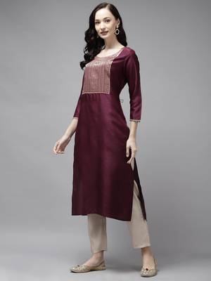 Indo Era Wine Solid Straight Kurta 3