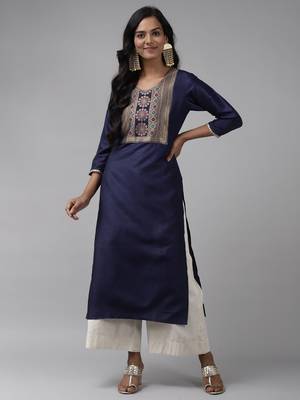 Indo Era Navy Blue Solid Straight Kurta 1