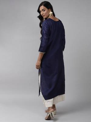 Indo Era Navy Blue Solid Straight Kurta 2