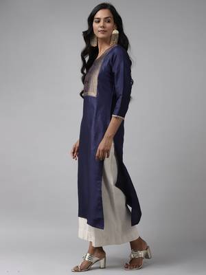 Indo Era Navy Blue Solid Straight Kurta 3