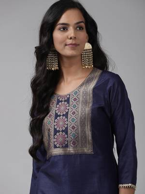 Indo Era Navy Blue Solid Straight Kurta 4