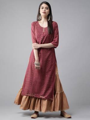 Indo Era Wine Foil Printed Straight Kurta 1