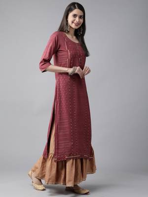 Indo Era Wine Foil Printed Straight Kurta 3