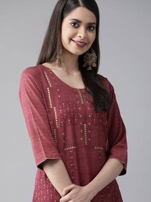 Indo Era Wine Foil Printed Straight Kurta 4