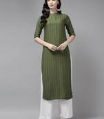 Indo Era Green Striped Straight Kurtas