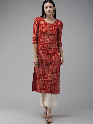 Indo Era Red Foil Geometric Printed Straight Kurtas 1