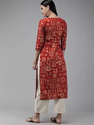 Indo Era Red Foil Geometric Printed Straight Kurtas 2