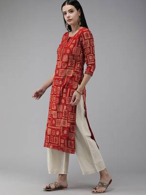 Indo Era Red Foil Geometric Printed Straight Kurtas 3