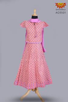 Shivangi Girls Orange Block Print Lehenga with Dupatta