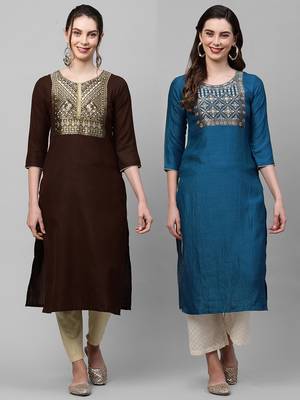 Indo Era Yoke Design Polyester Brown & Blue Straight Pack of 2 Kurtas 1