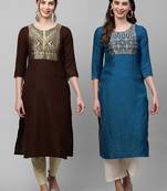 Indo Era Yoke Design Polyester Brown & Blue Straight Pack of 2 Kurtas