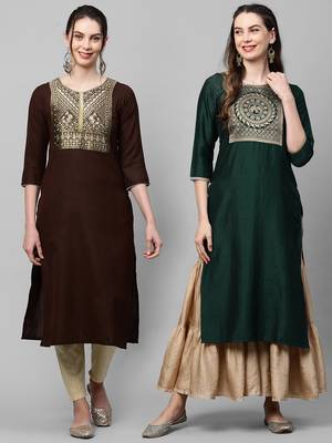Indo Era Yoke Design Polyester Brown & Green Straight Pack of 2 Kurtas 1