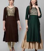 Indo Era Yoke Design Polyester Brown & Green Straight Pack of 2 Kurtas