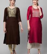 Indo Era Yoke Design Polyester Brown & Maroon Straight Pack of 2 Kurtas