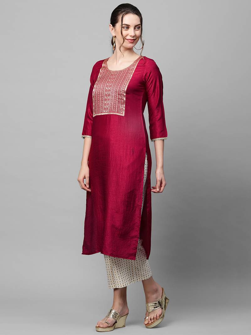 Indo Era Yoke Design Polyester Brown & Maroon Straight Pack of 2 Kurtas