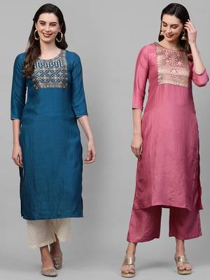 Indo Era Yoke Design Polyester Blue & Pink Straight Pack of 2 Kurtas 1