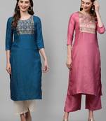 Indo Era Yoke Design Polyester Blue & Pink Straight Pack of 2 Kurtas