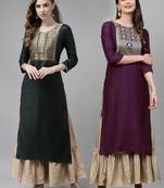 Indo Era Yoke Design Polyester Green & Wine Straight Pack of 2 Kurtas
