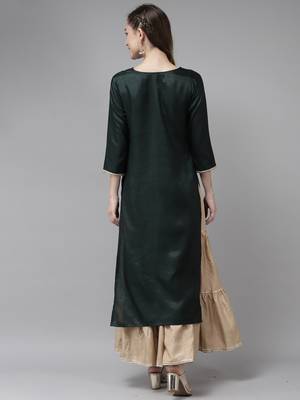 Indo Era Yoke Design Polyester Green & Wine Straight Pack of 2 Kurtas 2
