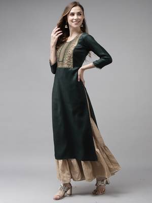 Indo Era Yoke Design Polyester Green & Wine Straight Pack of 2 Kurtas 4
