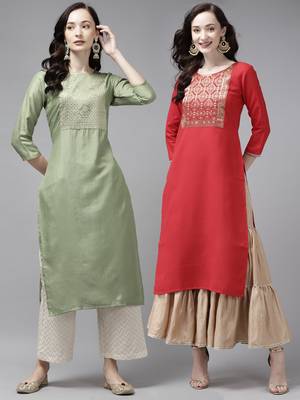 Indo Era Yoke Design Polyester Green & Red Straight Pack of 2 Kurtas 1