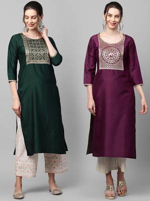 Indo Era Yoke Design Polyester Green & Wine Straight Pack of 2 Kurtas 1