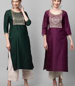 Indo Era Yoke Design Polyester Green & Wine Straight Pack of 2 Kurtas
