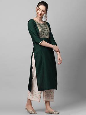 Indo Era Yoke Design Polyester Green & Wine Straight Pack of 2 Kurtas 4