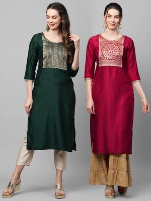 Indo Era Yoke Design Polyester Green & Maroon Straight Pack of 2 Kurtas 1