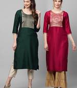 Indo Era Yoke Design Polyester Green & Maroon Straight Pack of 2 Kurtas
