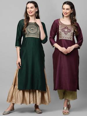 Indo Era Yoke Design Polyester Green & Wine Straight Pack of 2 Kurtas 1