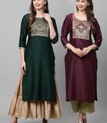 Indo Era Yoke Design Polyester Green & Wine Straight Pack of 2 Kurtas