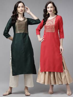 Indo Era Yoke Design Polyester Green & Red Straight Pack of 2 Kurtas 1