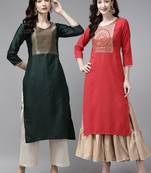 Indo Era Yoke Design Polyester Green & Red Straight Pack of 2 Kurtas