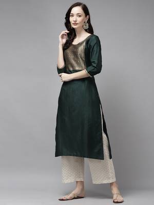Indo Era Yoke Design Polyester Green & Red Straight Pack of 2 Kurtas 4